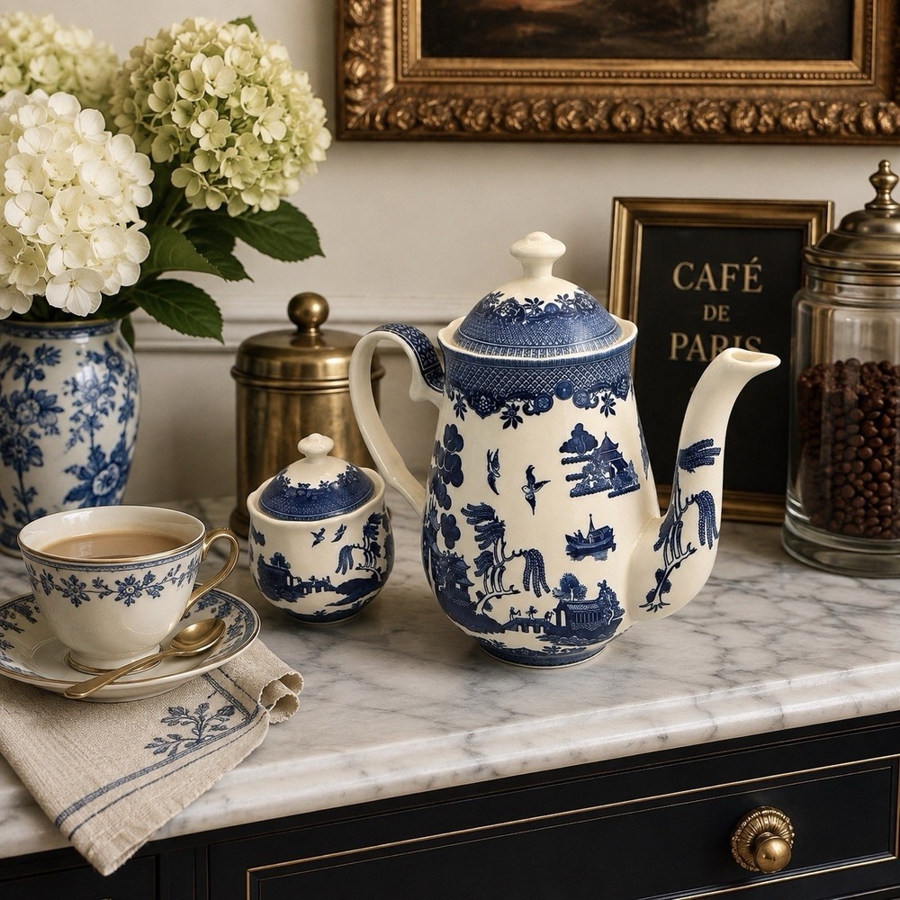 Royal Traditions Blue Willow Teapot and Sugar Bowl Chinoiserie Blue White Set